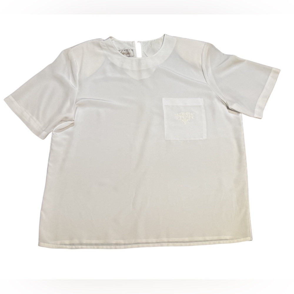 Vintage Fashion Attitudes Ivory Satin Blouse Size‎ 12 Embroidered Pocket 80s